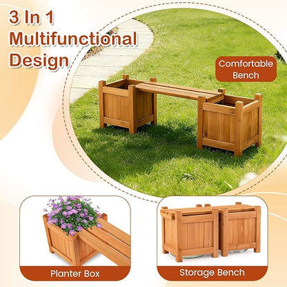 S AFSTAR Outdoor Planter Bench, Wooden Planter Box with Bench, Small Raised Plant Container Garden Boxes for Patio, Yard, Deck & Balcony