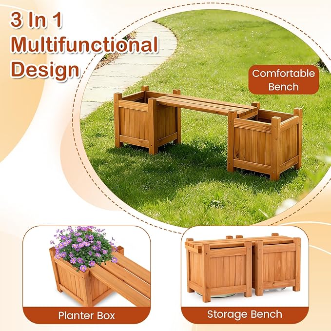 S AFSTAR 2 Pieces Outdoor Planter Bench, Wooden Planter Box with Bench, Small Raised Plant Container Garden Benches with Boxes for Patio, Yard, Deck & Balcony