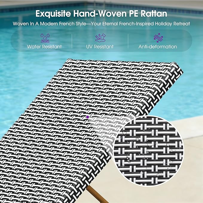 PURPLE LEAF Extra Large Patio Chaise Lounge 2 Pieces French Outdoor Wicker Lounger Matte Teak Aluminum Frame 771LBS Capacity PE Rattan Adjustable Backrest for Pool Garden Beach Backyard Black