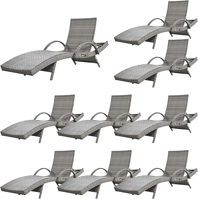 80'' Outdoor Wicker Chaise Lounge Chairs Set of 8, Patio Rattan Reclining Chair with Pull-Out Side Table - Photo 1