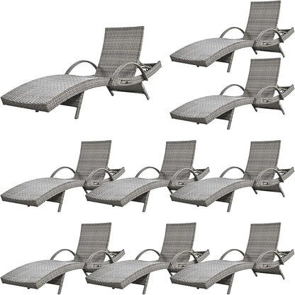 80'' Outdoor Wicker Chaise Lounge Chairs Set of 8, Patio Rattan Reclining Chair with Pull-Out Side Table, Adjustable Backrest for Beach, Poolside, Garden, Backyard, Grey