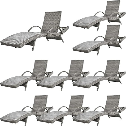 80'' Outdoor Wicker Chaise Lounge Chairs Set of 8, Patio Rattan Reclining Chair with Pull-Out Side Table, Adjustable Backrest for Beach, Poolside, Garden, Backyard, Grey