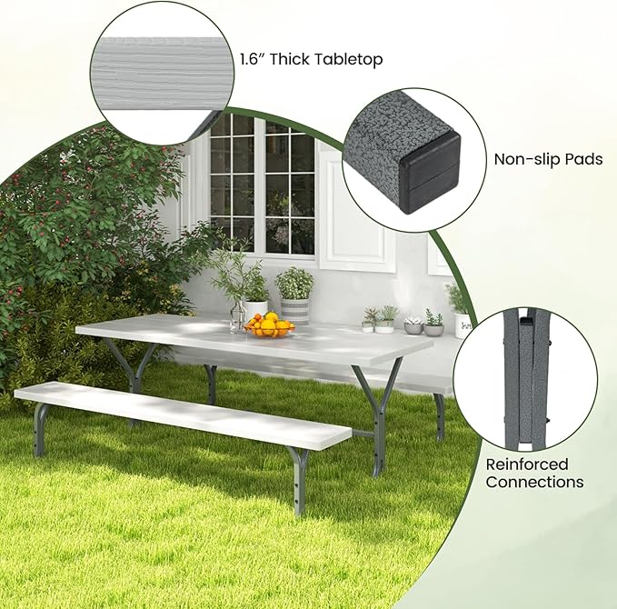 Giantex 6FT Picnic Table Bench Set Outdoor Camping All Weather Metal Base Wood-Like Texture Backyard Poolside Dining Party Garden Patio Lawn Deck Furniture Large Camping Picnic Tables for Adult, Grey
