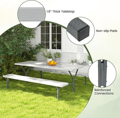 Giantex 6FT Picnic Table Bench Set Outdoor Camping All Weather Metal Base Wood-Like Texture Backyard Poolside Dining Party Garden Patio Lawn Deck Furniture Large Camping Picnic Tables for Adult, Grey