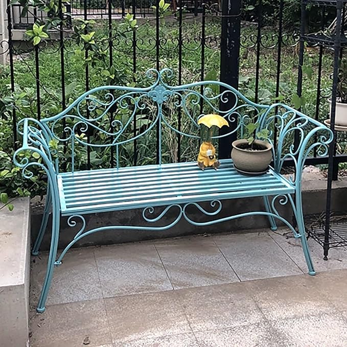 52" Outdoor Garden Bench with Backrest & Armrests - Retro Metal Patio Seating for 2, Perfect for Yard, Porch, Lawn & Backyard (Light Blue)