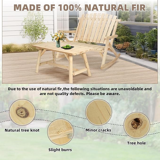 Patio Wooden Rocking Bench, Outdoor Conversation Sets with 2-Seater Adirondack Porch Rocker Loveseat and Coffee Table, Patio Rustic Log Rocker Bench for Deck, Backyard, Garden, Natural