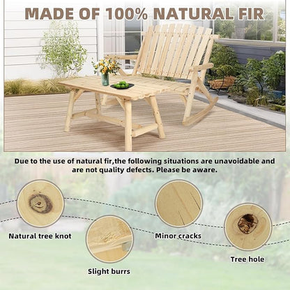 Patio Wooden Rocking Bench, Outdoor Conversation Sets with 2-Seater Adirondack Porch Rocker Loveseat and Coffee Table, Patio Rustic Log Rocker Bench for Deck, Backyard, Garden, Natural