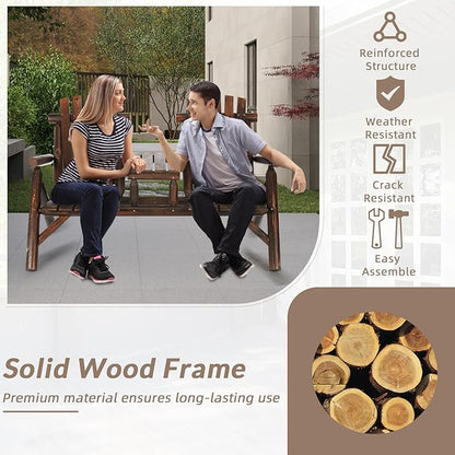 Outdoor 2-Person Wooden Adirondack Bench, Conversation Furniture Set with Patio Rustic Loveseat & Built-in Table, Carbonized Garden Bench Fire Pit Chair for Backyard Porch Pool Deck