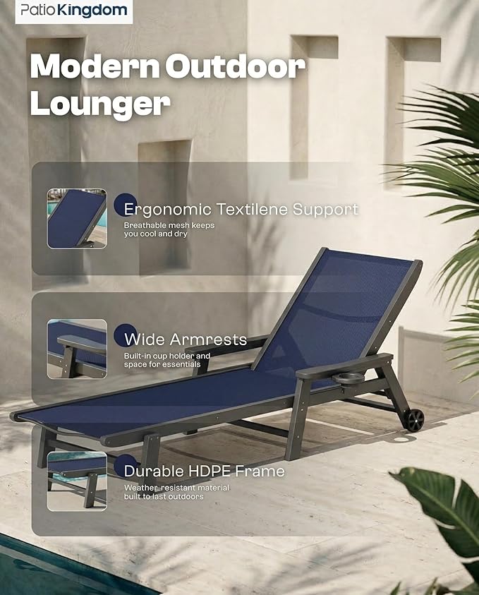 Patio Chaise Lounge Chair with Wheels & Cup Holder - Photo 7