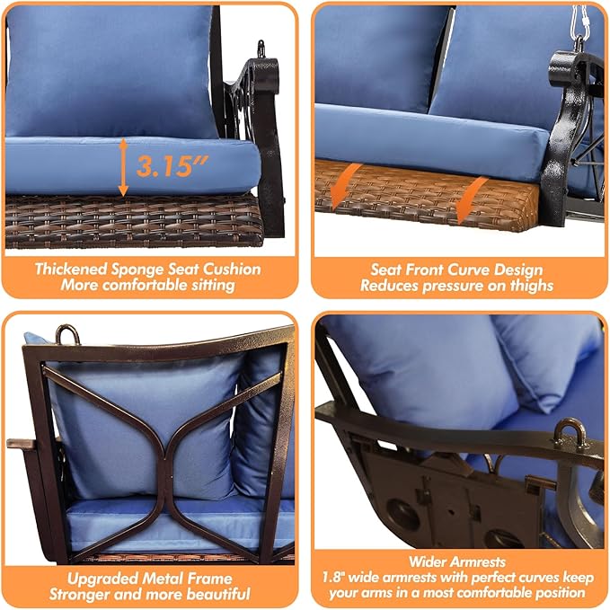 Heavy Duty 900 LBS Porch Swing Chair 3-Person Outdoor Rattan Patio Swing Lounge w/Cup-Holder & Steel Chains Wicker - Photo 4