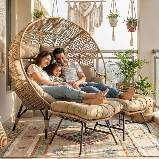 NICESOUL Indoor Outdoor Double Egg Chair with Footstools & 6.5" Thick Cushions, Oversized Wicker Egg Shaped Chair with Footrest, Stationary 2 Seater Comfy Loveseat for Patio Backyard Garden Sunroom