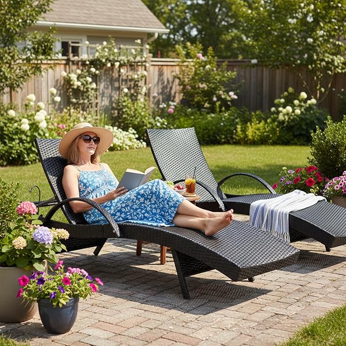 Wicker Outdoor Lounge Chairs with Pull Out Side Table, Pool Lounge Chairs Set of 4, Rattan Outdoor Lounger - Photo 8