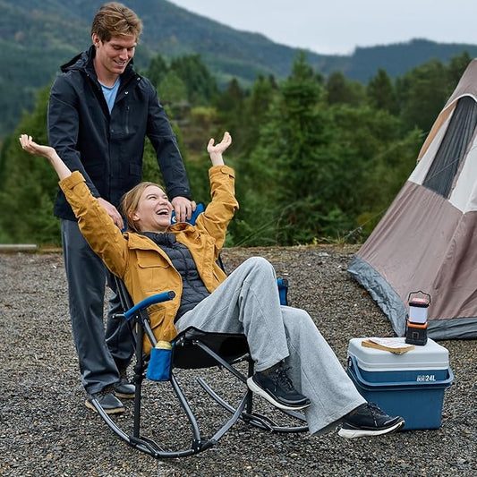 Portal Oversized Folding Rocking Camping Chair Portable Outdoor Rocker with High Back Hard Armrests Carry Bag, Supports 400 lbs, Padded Back, Grey&Blue