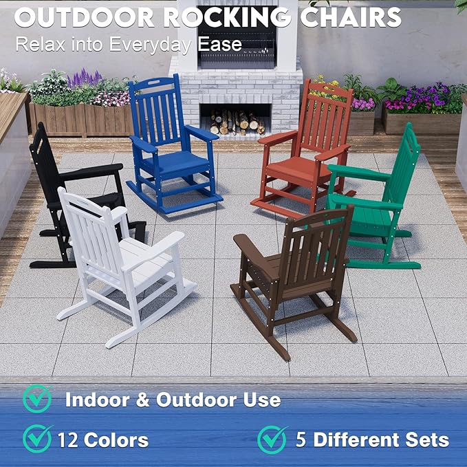 PLUUV Outdoor Rocking Chair, HDPE Patio Rocking Chairs with Footboard, All Weather Porch Rockers Outdoor for Adult, Effortless Installation, Coffee