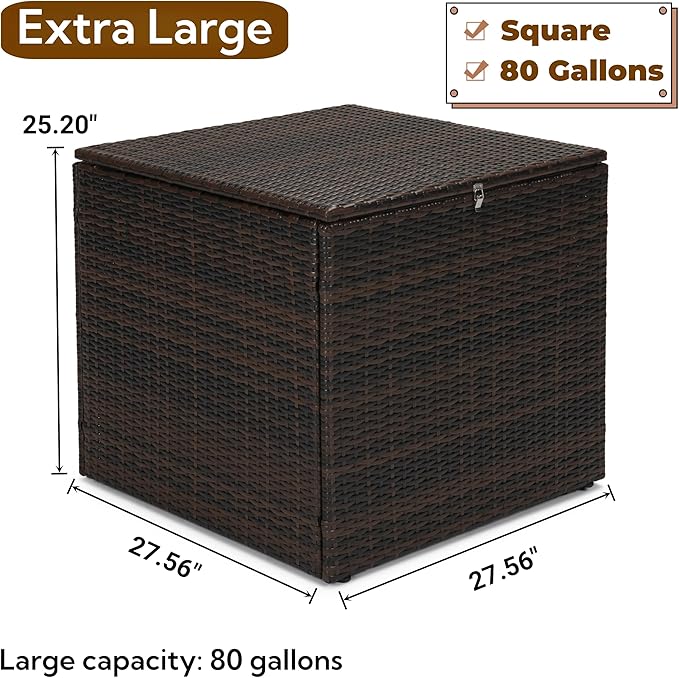 Wicker Patio Storage End Table, 80 Gallons PE Rattan Side Table, Extra Large Storage Space, Square Resin Coffee Table for Porch, Poolside, Garden,Backyard Dark Brown