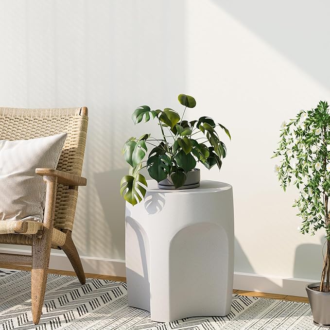 SUNBURY Outdoor Side Tables, 17" H Concrete Accent End Table, Indoor Small Round Patio End Plant Stands Outside, Garden Stools for Yard, Arch Shape Spotted White