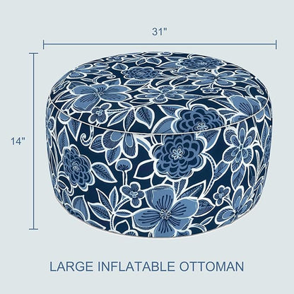 LVTXIII Indoor/Outdoor Extra Large Inflatable Ottoman Pouf D31 x H14 Inch, Round Footstool with Handle, Weather-Resistant Portable Furniture for Patio, Camping, Beach, Flower Navy