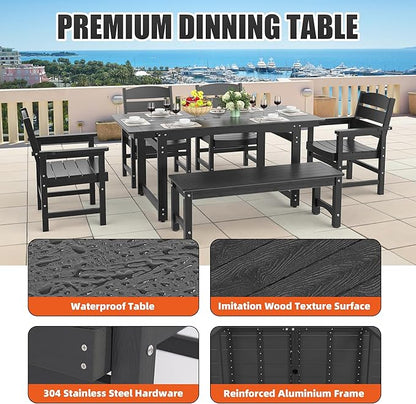 51" 2-Person Outdoor Bench, Weatherproof HIPS Patio Dining Bench Holds up to 800LBS, Poly Lumber Garden Bench with Wood Grains for Porch, Garden, Deck, Entryway, Black