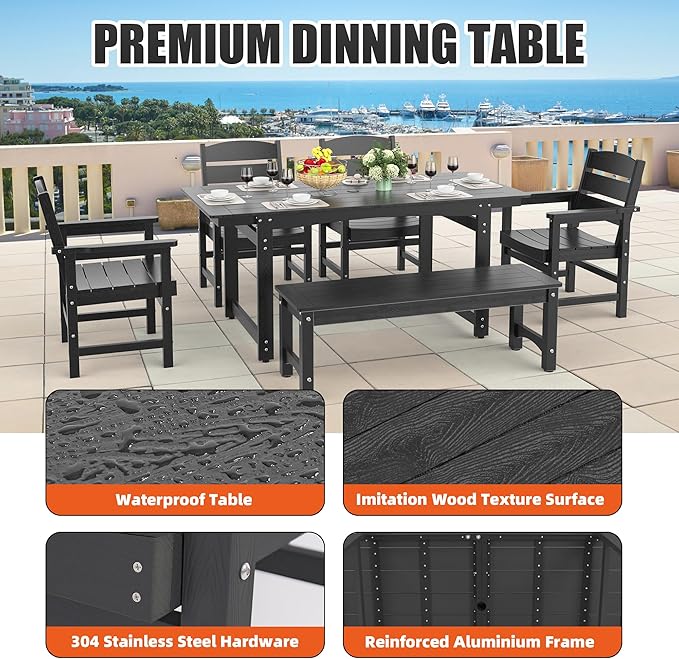 6-Piece HIPS Patio Dining Set, Outdoor Dining Table and Chairs Set with Umbrella Hole, Weatherproof Dining Table Set for 6 Person, Patio Furniture Set for Outside Deck, Black
