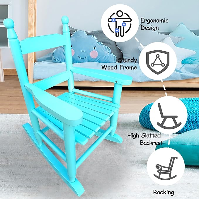 Toddler Rocking Chair for Kids Age 2-5, Hardwood Porch Rocker with Back Support & Armrest for Small Spaces Living Room Outdoor Garden, Easy Assembly (Light Blue)