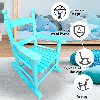 Toddler Rocking Chair for Kids Age 2-5, Hardwood Porch Rocker with Back Support & Armrest for Small Spaces Living Room Outdoor Garden, Easy Assembly (Light Blue)
