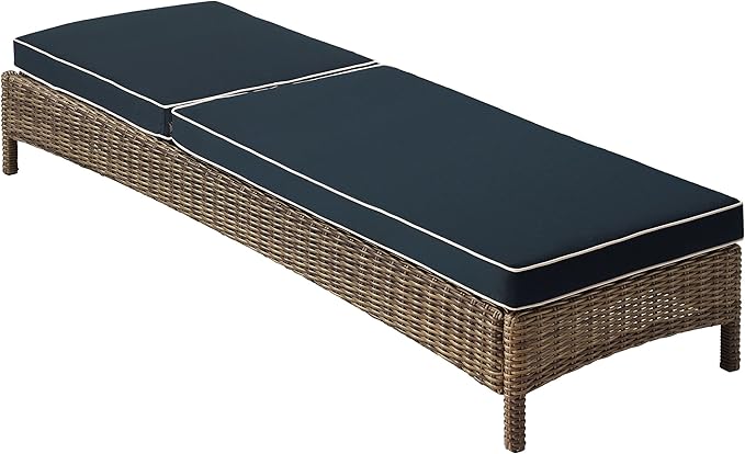 Crosley Furniture Bradenton Reclining Wicker Outdoor Chaise Lounge Chair for Patio, Deck, Backyard, Poolside, Brown with Navy Cushions