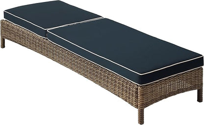 Crosley Furniture Bradenton Reclining Wicker Outdoor Chaise Lounge Chair for Patio, Deck, Backyard, Poolside, Brown with Navy Cushions