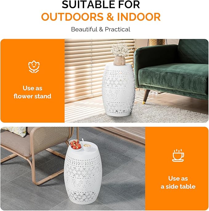 9.45 Inch Patio Coffee Table,Round Hollow Drum Side Table,Weather Resistant Steel Patio Side Table,Pool Coffee Accent Table,with Metal Frame,for Porch Yard Balcony Garden Lawn Backyard (White)