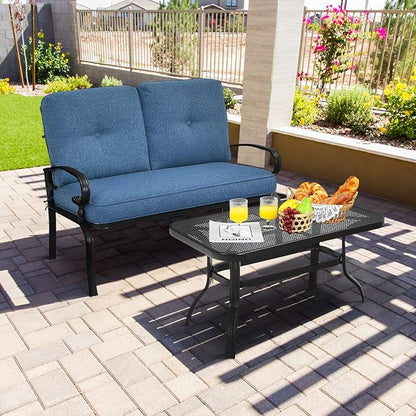 Giantex 2 Pcs Patio Loveseat with Coffee Table Outdoor Bench with Cushion and Metal Frame, Loveseat Furniture Set Sofa for Garden, Yard, Patio or Poolside