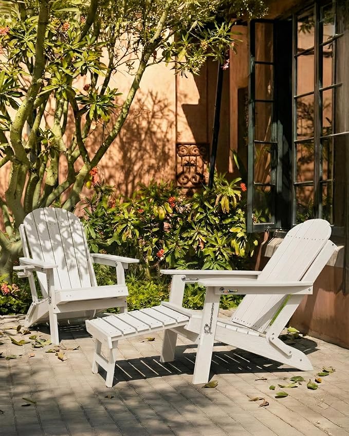 YEFU Folding Adirondack Chair with Footrest: Adjustable Adirondack Chairs with Retractable Ottoman - Sturdy HDEP Plastic with Cup Holder - All Weather for Outdoor/Patio/Fire Pit/Outside/Pool(White)