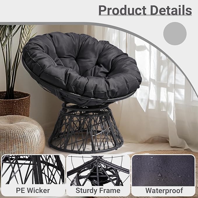VINGLI Outdoor Papasan Chairs with Thick Cushions 360 Degree Swivel Chair, Patio Chairs Lounge Chair Rading Chair for Balcony, Yard, Porch (Black)