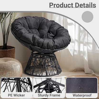 VINGLI Outdoor Papasan Chairs with Thick Cushions 360 Degree Swivel Chair, Patio Chairs Lounge Chair Rading Chair for Balcony, Yard, Porch (Black)