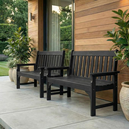 2-Person Outdoor Garden Bench, HDPE All-Weather Patio Bench with Backrest & Armrests, Heavy Duty Outdoor Seating for Porch, Backyard & Park, 660 lbs (Black, 2 Benches)