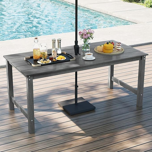 Tangkula HDPE Outdoor Dining Table for 6 Person, 67” Patio Table with Wood-Like Tabletop and Umbrella Hole, Weather-Resistant Rectangle Table for Garden, Backyard and Poolside (Gray, 1 Table)
