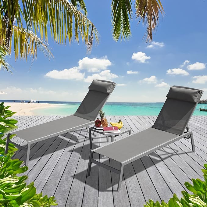 Domi Patio Chaise Lounge Set, Aluminum Pool Lounge Chairs with 5 Adjustable Position, Breathable Textilene Fabric, Sunbathing Pool Chairs with Headrest and Side Table, Grey