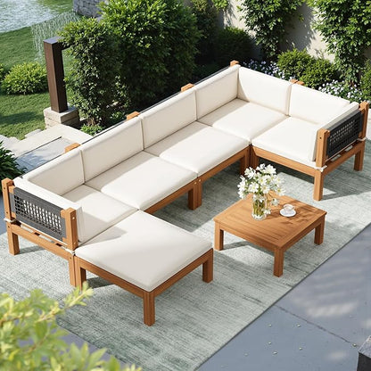Devoko 7 Piece Acacia Wood Patio Sofa, Outdoor Sectional Coach and Love Seat with Coffee Table, Acacia Wood Patio Furniture Set for Balcony,Porch,Garden
