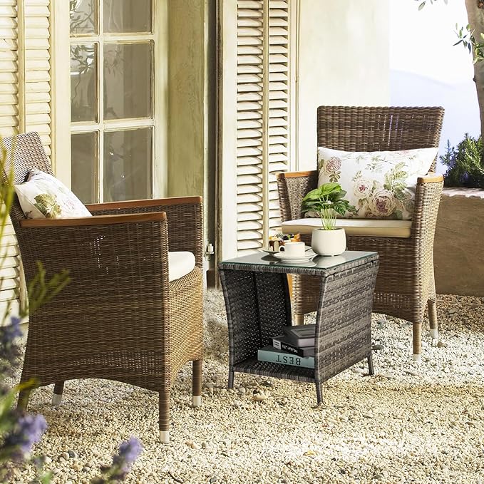 Outdoor Patio Wicker Side Table, Square PE Rattan End Table Bistro Coffee Table with Glass Top Storage Shelf for Porch Garden Backyard Grey