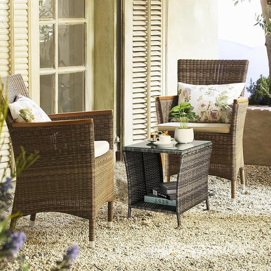 Outdoor Patio Wicker Side Table, Square PE Rattan End Table Bistro Coffee Table with Glass Top Storage Shelf for Porch Garden Backyard Grey