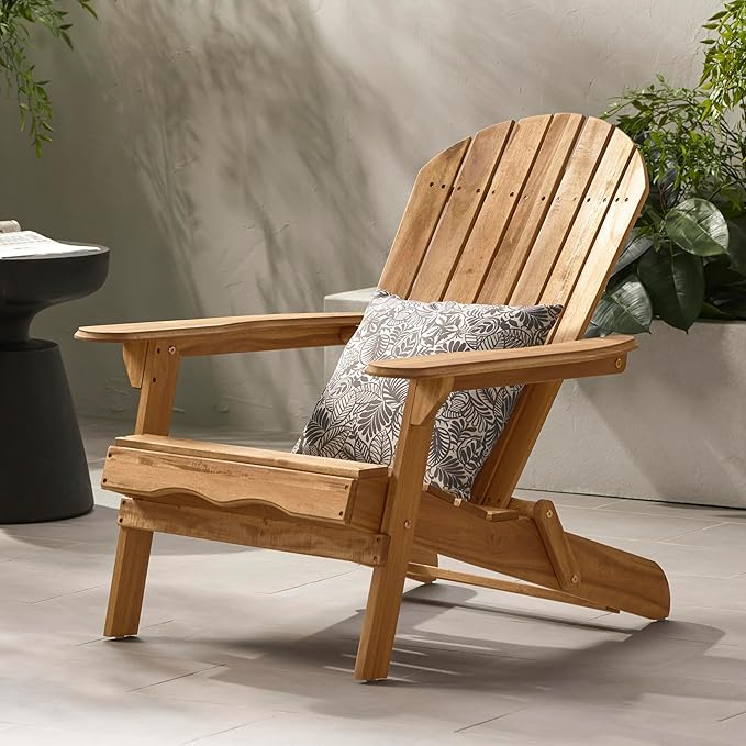 Folding Adirondack Chair Outdoor Wooden Accent Furniture Fire Pit Lounge Chairs,Foldable Design for Patio & Garden Relaxation with Slatted Back & Wide Armrests- Teak Finis
