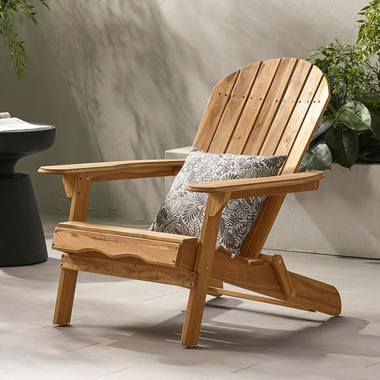 Folding Adirondack Chair Outdoor Wooden Accent Furniture Fire Pit Lounge Chairs,Foldable Design for Patio & Garden Relaxation with Slatted Back & Wide Armrests- Teak Finis