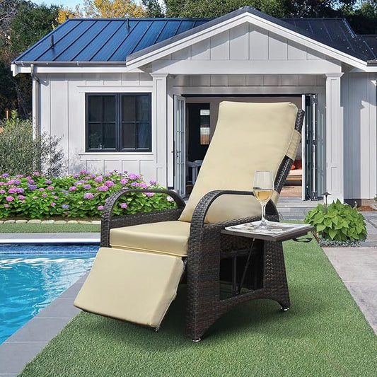 ATR ART TO REAL Outdoor Recliner Chairs, PE Wicker Reclining Lounge Chair with Removable Soft Cushion, Adjustable Outside Recliners for Patio, Porch, Poolside, Balcony, Lawn (Khaki, 1 PC)