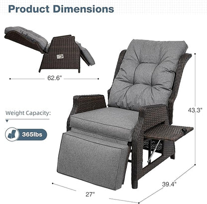 Outdoor Indoor Wicker Recliner with Adjustable Back and Footrest, Patio Reclining Chair with Flip-up Table, Outdoor Rattan Lounge Chair, Grey