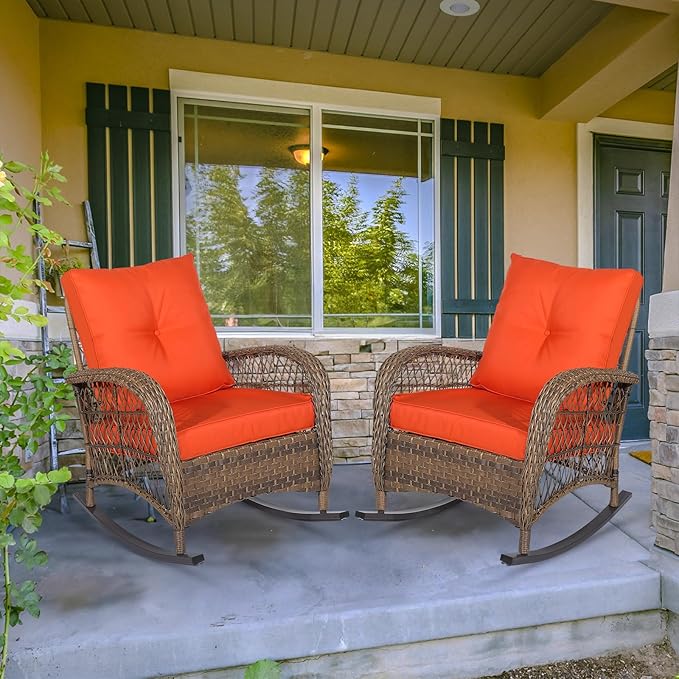 MEETWARM Outdoor Wicker Rocking Chairs Set of 2, Rattan Patio Rocker Chairs with Thick Cushions and High Back, All-Weather Patio Wicker Chair with Safe Rocking Design for Garden, Brown/Orange