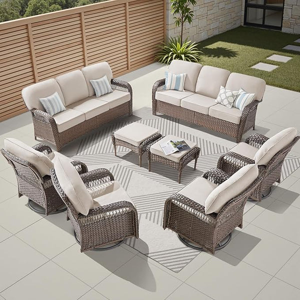 8 Pieces Wicker Patio Furniture Set, Wicker Swivel Rocker Patio Chairs 3 Seater Sofa with Ottomans Rattan Side Table - Photo 1