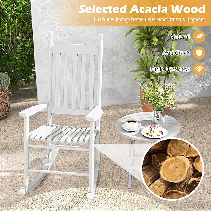 Giantex Outdoor Rocking Chair Set of 2, All Weather Patio Rocker w/Solid Rocking Base & High-Back, Slatted Seat & Back, Acacia Wood Porch Rocker, Wooden Patio Rocking Chair for Backyard, White