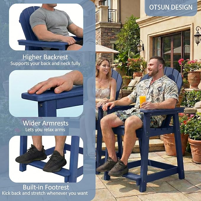 OTSUN Tall Modern Adirondack Chairs Set of 2, All Weather HDPE Bar Height Adirondack Stools Widened Durable Design for Porch Patio Yard Lawn Fire Pit Bistro Basement Indoors & Outdoors