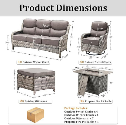 Luxury Patio Furniture Set with 42.5" Fire Pit Table, 8 Pieces High Back All Weather Wicker Outdoor Furniture w/ 6-Inch Thick Cushions, Patio Swivel Chairs Couch for Deck Balcony Backyard Grey
