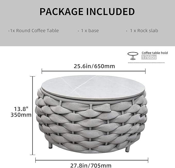 TWT Outdoor Coffee Table for Patio Table Rope Patio Coffee Table Lawn Garden Small Coffee Table with Rock Slab Top All-Weather, 25.6in(Textilene Rope, Light Grey)