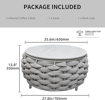 TWT Outdoor Coffee Table for Patio Table Rope Patio Coffee Table Lawn Garden Small Coffee Table with Rock Slab Top All-Weather, 25.6in(Textilene Rope, Light Grey)
