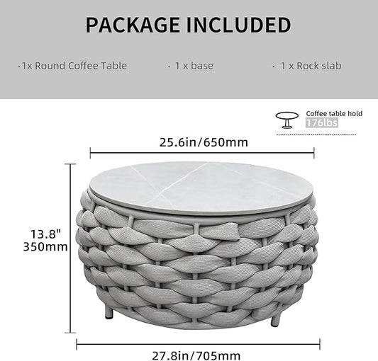 TWT Outdoor Coffee Table for Patio Table Rope Patio Coffee Table Lawn Garden Small Coffee Table with Rock Slab Top All-Weather, 25.6in(Textilene Rope, Light Grey)